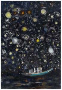 œuvre d’art aquarelle et pastel, bateau sur une mer sombre illuminée d’étoiles