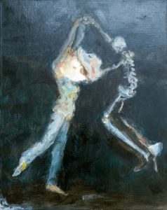 œuvre d’art, deux figures humaine et squelettique dansent dans un sombre ciel.