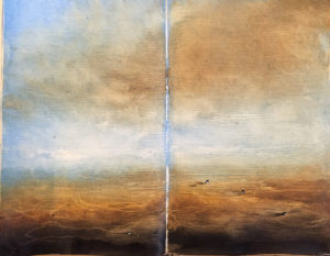Techniques mixtes de peinture dans un livre, coucher de soleil sur une mer calme, horizon infini